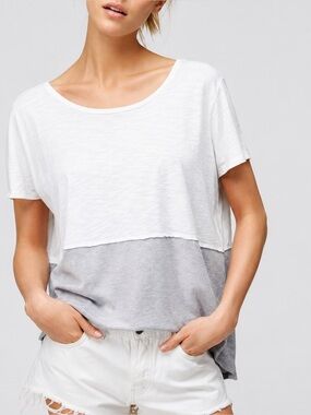 Free People Melrose Swing Cream Gray Colorblock High Low Relaxed Fit Shirt MED